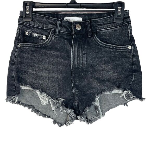 Zara SZ 4 Jeans Shorts High-Rise Zip-Fly 5-Pocket Distressed Chewed Frayed Hems - Picture 1 of 8